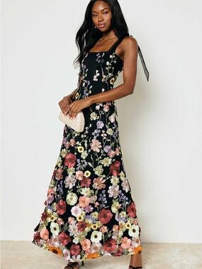 Lulu's Black Maxi Dress with Multicolor Floral Embroidery